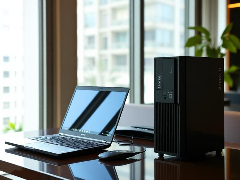 Lenovo ThinkPad laptop and ThinkCentre desktop on office desk